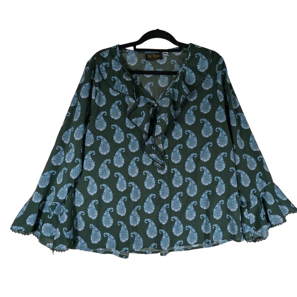 BOB MACKIE WEARABLE ART Paisley Ruffle Flare Cuff Lightweight Top Large